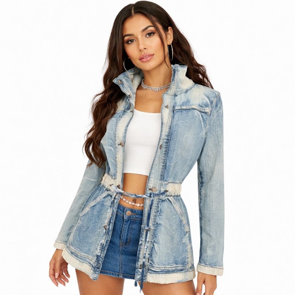 Aphrodite Womens Acid Wash Denim Jacket Y2K Drawstring Waist Stand Collar Medium